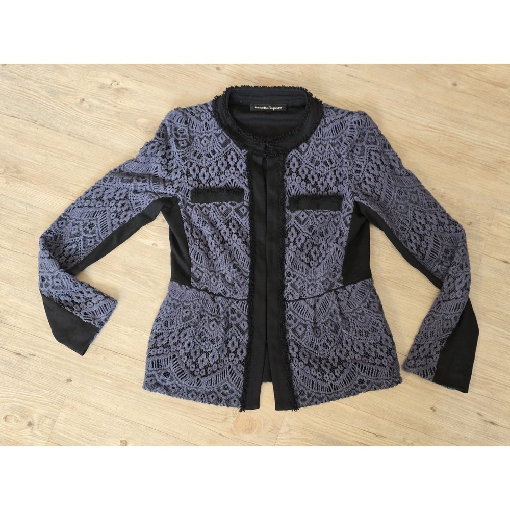 NANETTE LEPORE Jacket Size 4 Blazer Black W/Gray Crochet Lace and Fringe Women's
